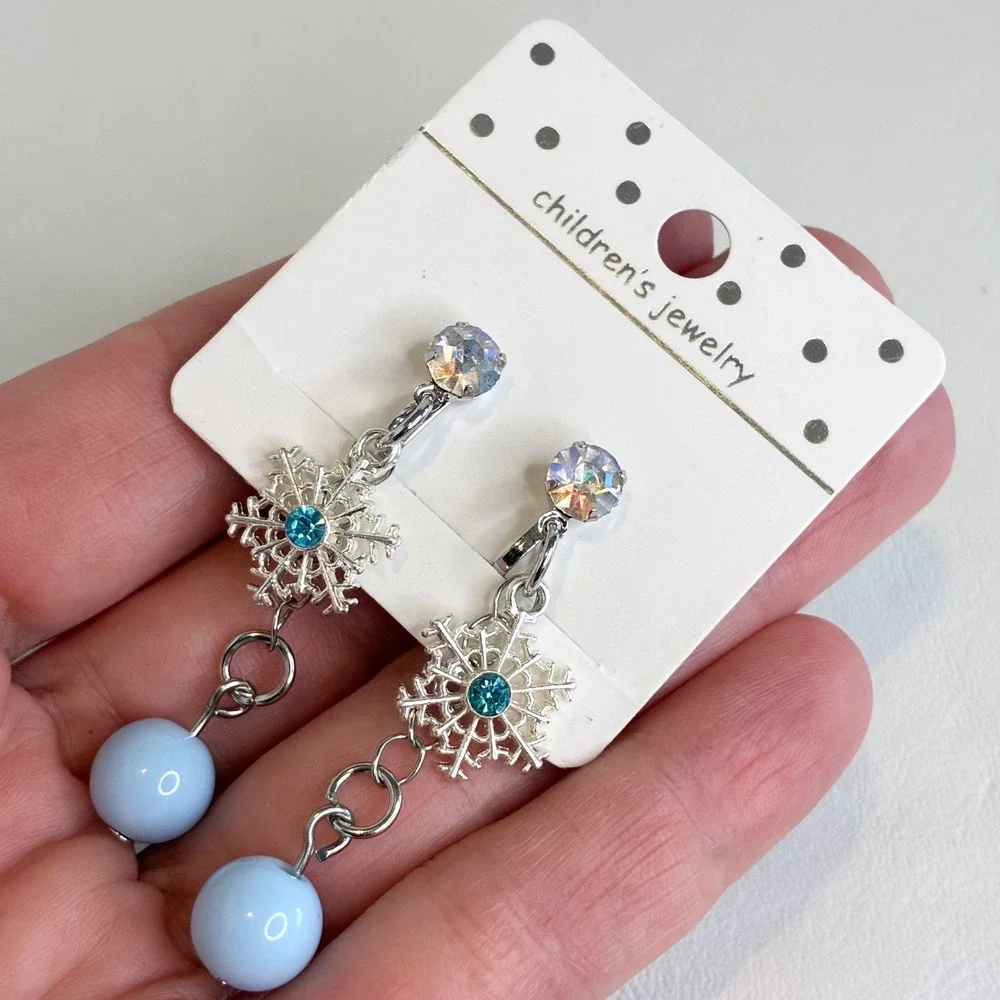 Snowflake Clip On Earrings Kids Blue Bead Dangle‎ Rhinestone Winter Jewelry